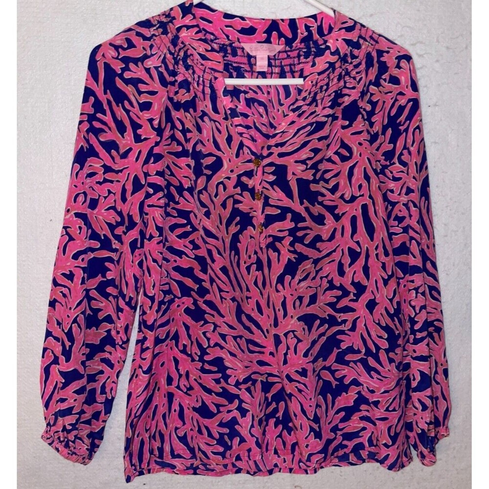 Lilly Pulitzer Elsa 100% Silk Tunic Top Samba Coral Print Blue & Hot Pink Sz XS